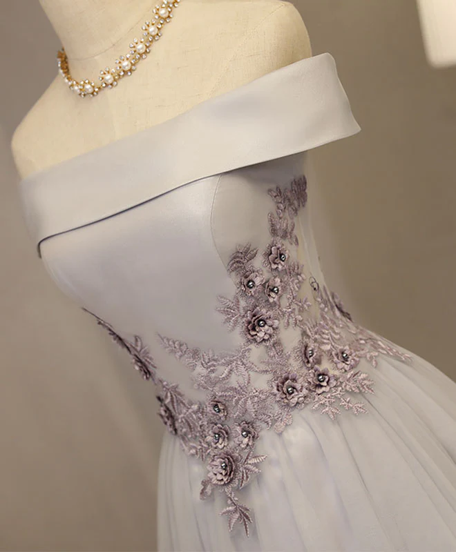 Gray A Line Off Shoulder Knee Length Prom Dress, Lace Homecoming Dresses - Deanwangkt