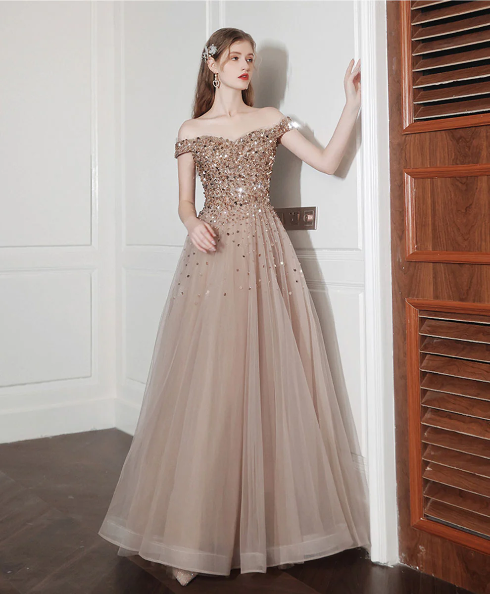 Champagne A line Long Prom Dress, Off Shoulder Champagne Formal Dress with Beading Sequin - Deanwangkt