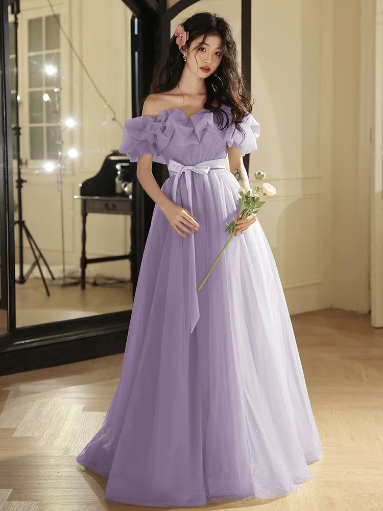 A-Line Off Shoulder Tulle Purple Long Prom Dress, Purple Long Formal Dress - Deanwangkt