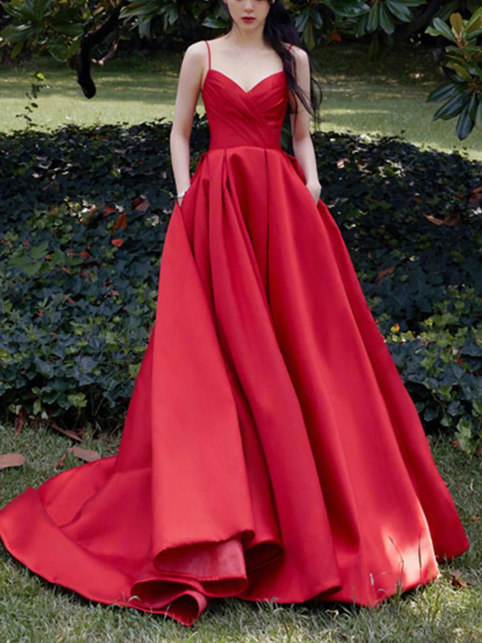 Red V Neck Satin Long Prom Dress, Red Formal Graduation Dresses - Deanwangkt