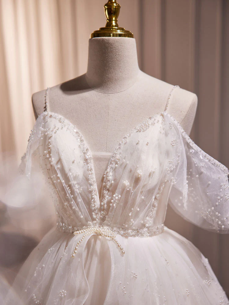 A-Line V Neck Tulle Short Beige Prom Dress, Cute Beige Homecoming Dress - Deanwangkt