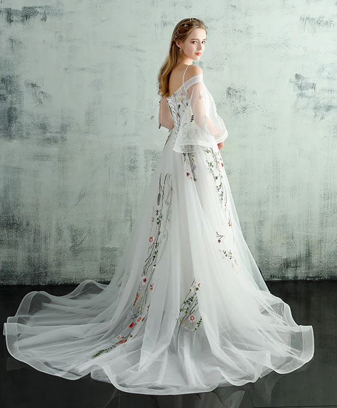 White V Neck Tulle Lace Long Prom Dress, Evening Dress - Deanwangkt