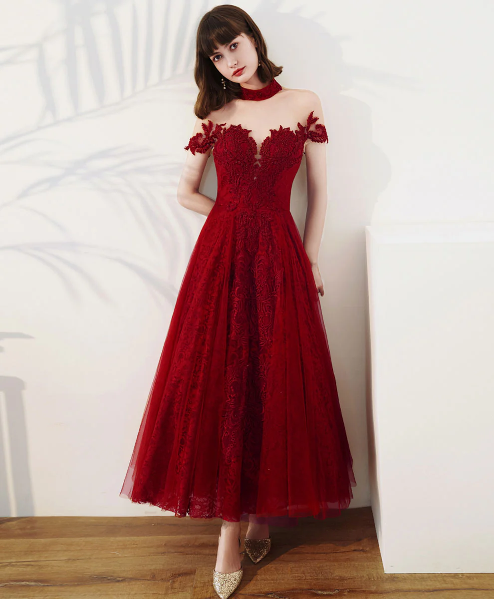 Burgundy High Neck Tulle Lace Tea Length Prom Dress, Lace Formal Evening Dress - Deanwangkt