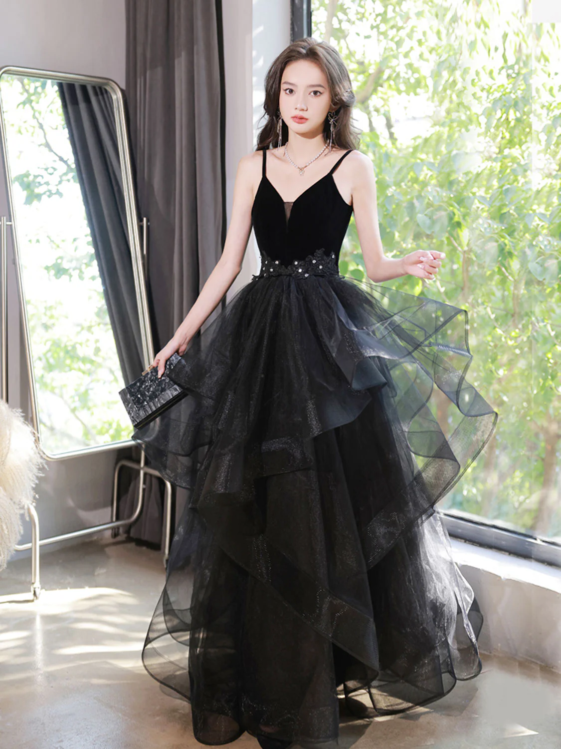 Black V Neck Tulle Long Prom Dresses, Black Formal Evening Dress - Deanwangkt