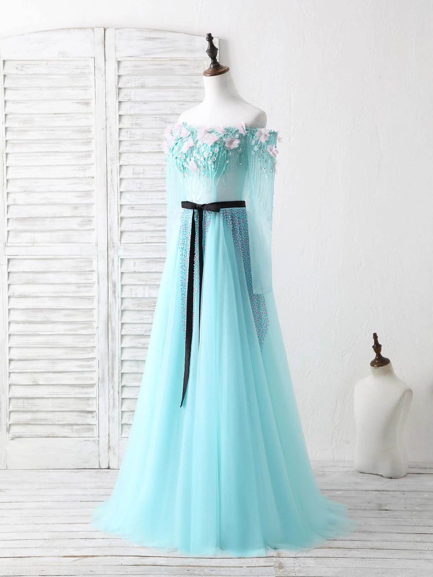 Blue Tulle Beads Long Prom Dress Blue Beads Evening Dress - Deanwangkt