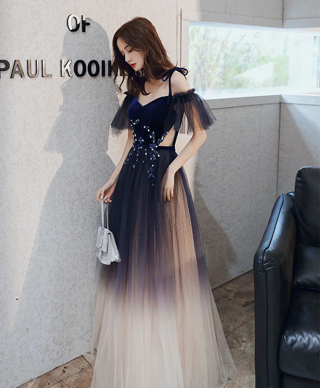 Blue Sweetheart Tulle Off Shoulder Long Prom Dress Blue Evening Dress - Deanwangkt