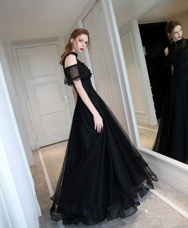 Unique Black High Neck Tulle Long Prom Dress, Black Evening Dress - Deanwangkt