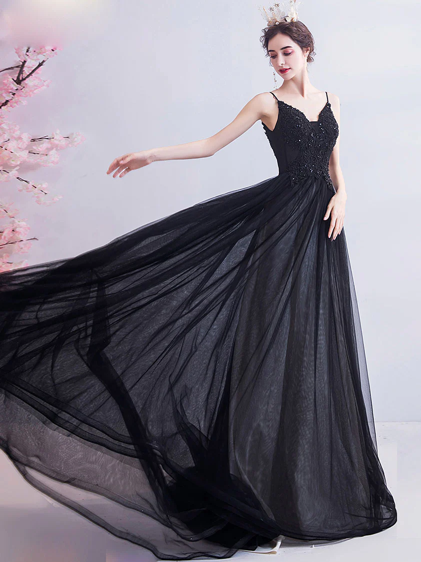 Black V Neck Tulle Lace Long Prom Dress, Black Evening Dress - Deanwangkt