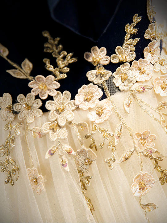 Champagne Tulle Lace Long Prom Dress, Champagne Evening Dress - Deanwangkt