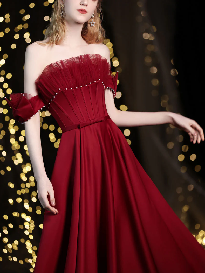 Simple Burgundy Off Shoulder Satin Long Prom Dress, Burgundy Evening Dress - Deanwangkt