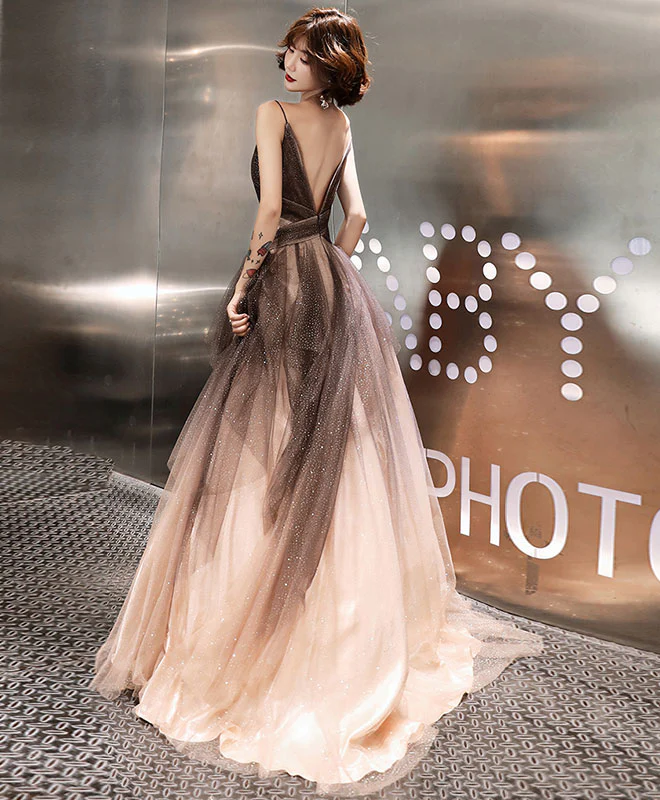 Unique V Neck Tulle Long Prom Dress, Tulle Long Evening Dress - Deanwangkt