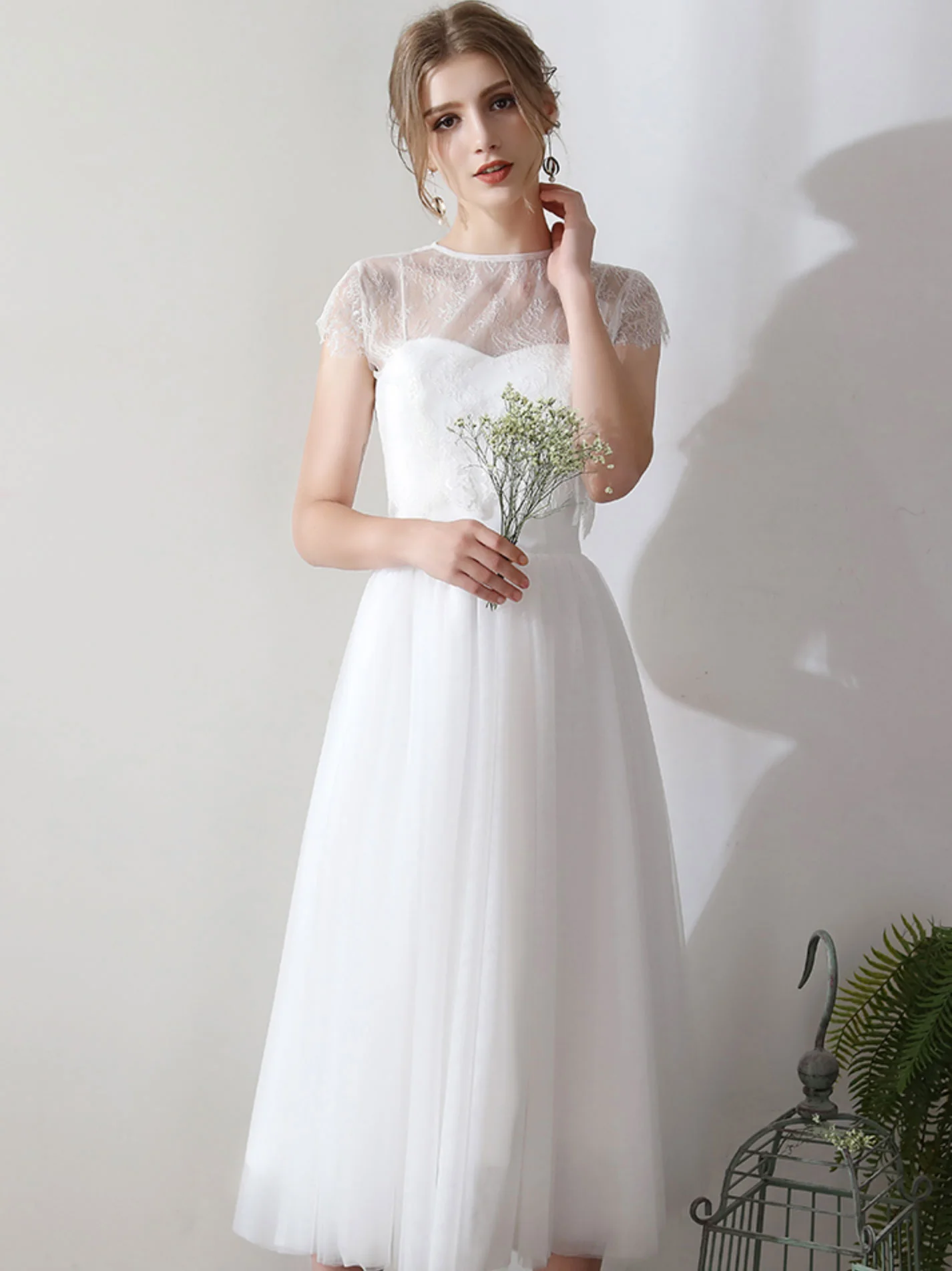 White Lace Short Bridesmaid Dress, Two Pieces Wedding Party Dresses - Deanwangkt