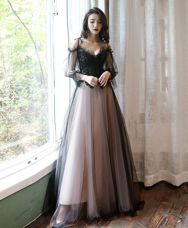 Black Tulle A Line Lace Long Prom Dress Tulle Lace Formal Dress - Deanwangkt