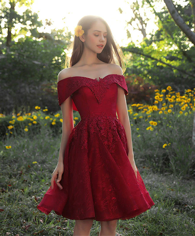 Burgundy Tulle Lace Short Prom Dress, Burgundy Bridesmaid Dress - Deanwangkt