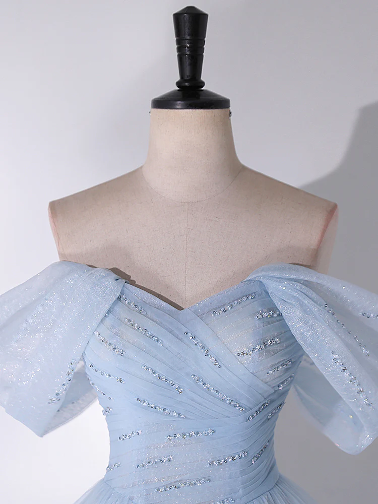 A-Line Off Shoulder Tulle Lace Blue Long Prom Dress, Blue Long Formal Dress - Deanwangkt