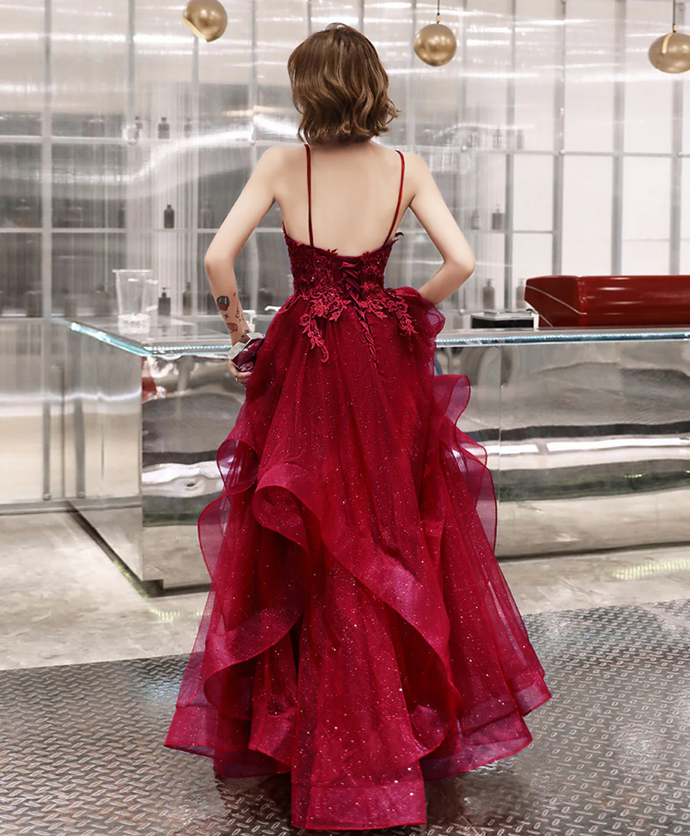 Burgundy V Neck Tulle Lace Long Prom Dress Burgundy Evening Dress - Deanwangkt