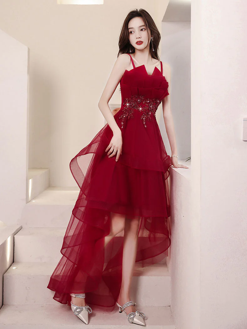 Tulle High Low Burgundy Prom Dress, Burgundy Homecoming Dress - Deanwangkt