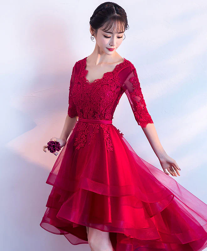Burgundy V Neck Tulle Lace Short Prom Dress, Bridesmaid Dress - Deanwangkt