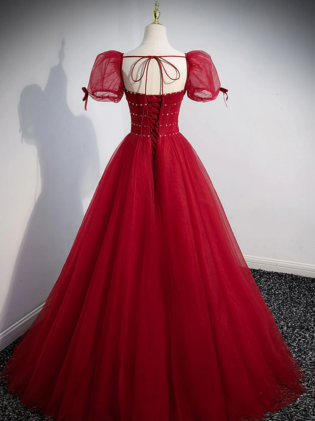 Burgundy Aline Tulle Beads Long Prom Dress, Burgundy Formal Dresses - Deanwangkt