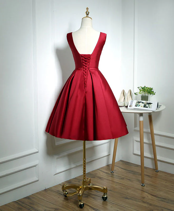 Simple Burgundy Satin V Neck Short Prom Dress, Evening Dress - Deanwangkt