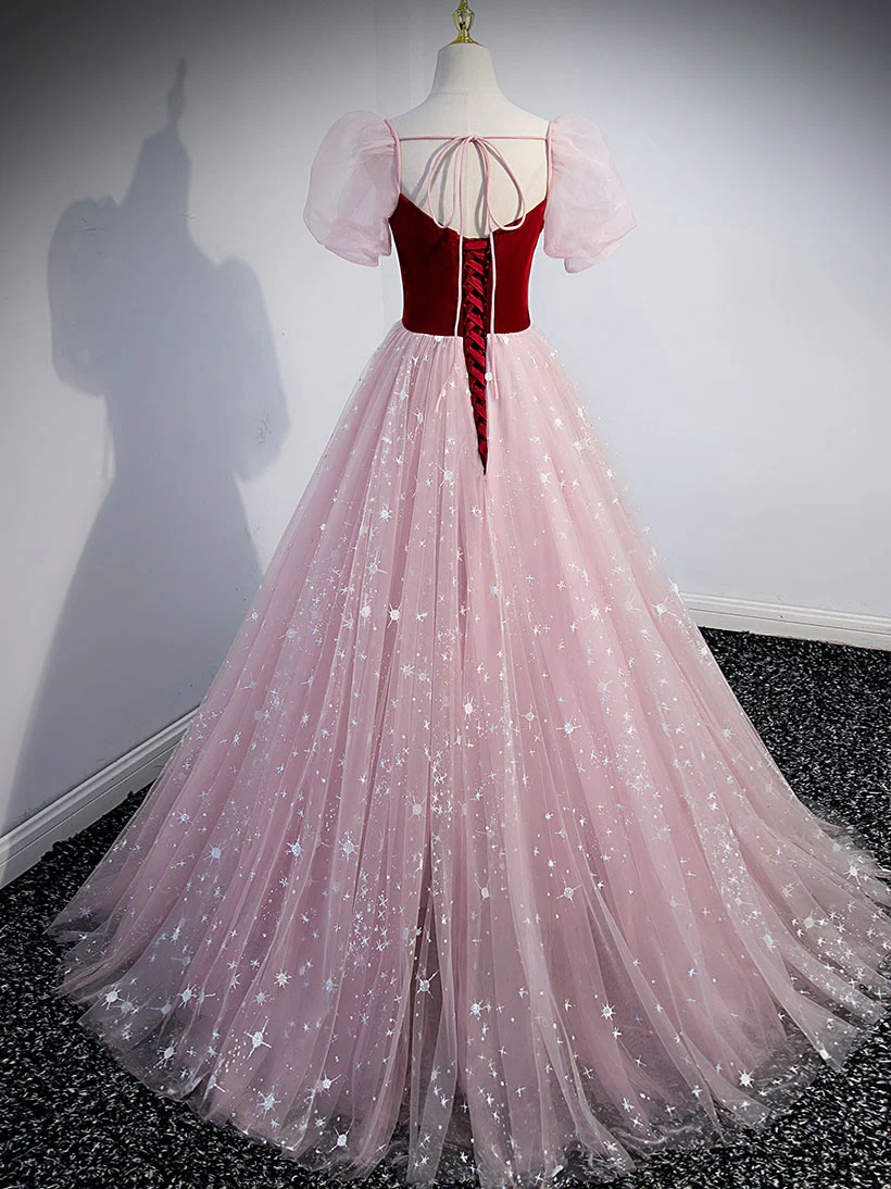 Pink A line Tulle Long Prom Dress, Pink Tulle Evening Graduation Dresses - Deanwangkt