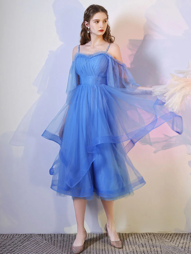 Simple Blue Tulle Short Prom Dress, Puffy Blue Homecoming Dress - Deanwangkt