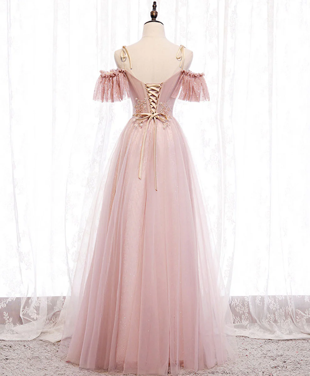 Pink v neck tulle lace long prom dress pink bridesmaid dress - Deanwangkt
