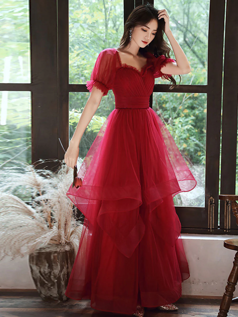 Simple A line Tulle Long Prom Dress Burgundy Tulle Formal Dress - Deanwangkt