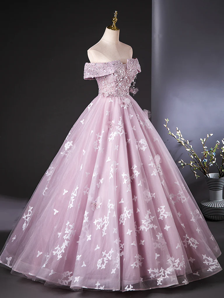 A-Line Off Shoulder Tulle Lace Pink Long Prom Dress, Pink Long Formal Dress - Deanwangkt