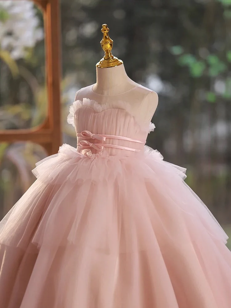 A-Line Pink Tulle Long Flower Girl Dress - Deanwangkt