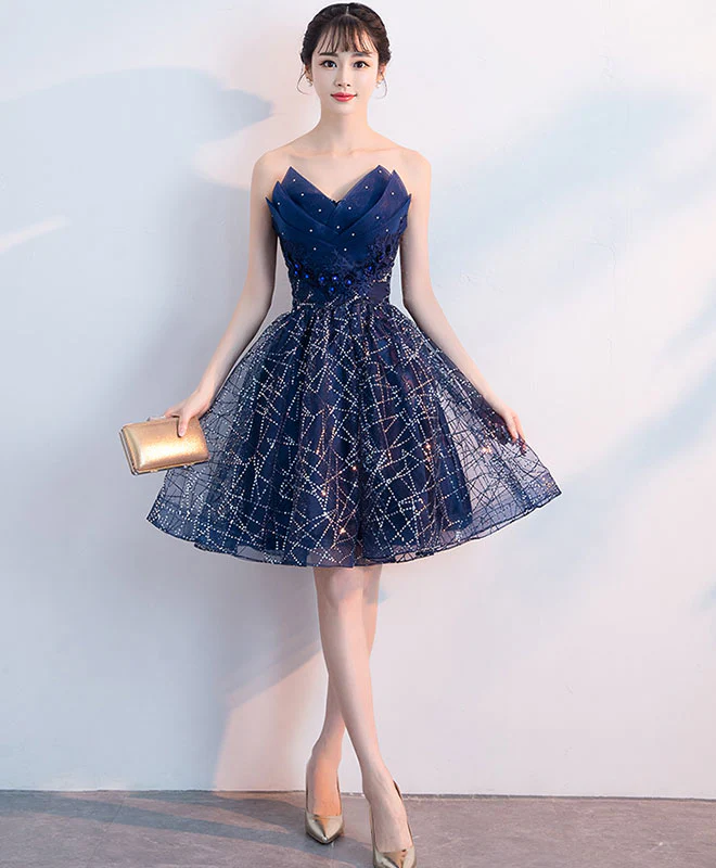 Dark Blue V Neck Tulle Sequin Short Prom Dress, Blue Homecoming Dress - Deanwangkt