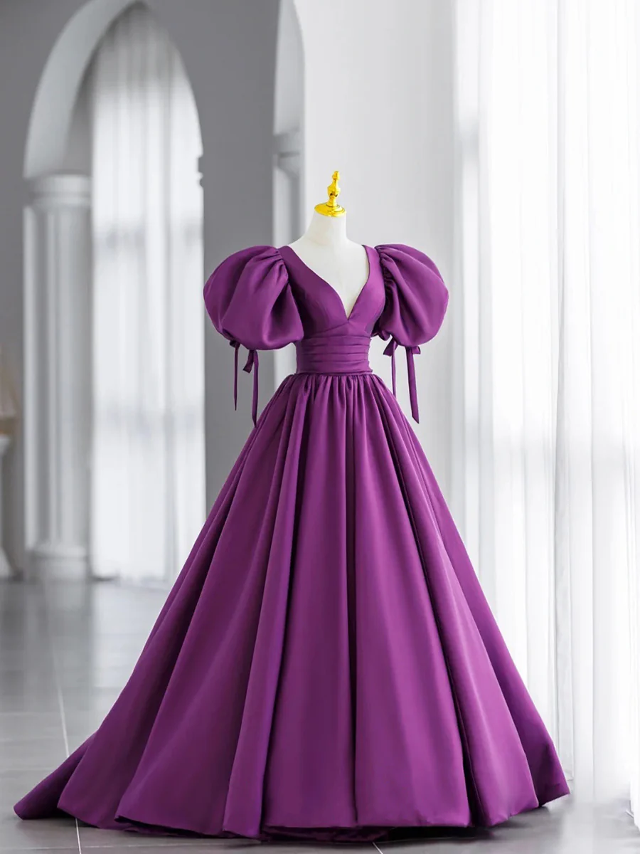 Simple V Neck Puffy Sleeves Satin Long Prom Dress, Satin Evening Dress - Deanwangkt