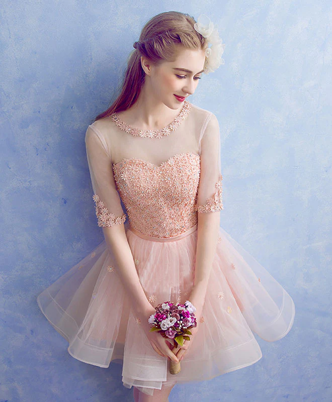 Cute Round Neck Tulle Applique Short Prom Dress, Pink Homecoming Dress - Deanwangkt