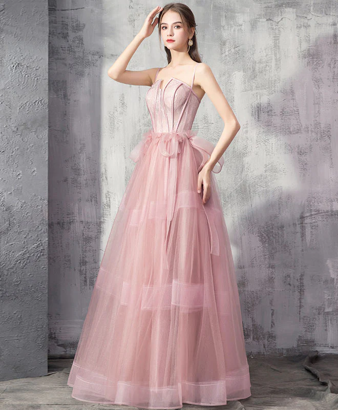 Pink Tulle Lace Long Prom Dress, Pink Evening Graduation Dress - Deanwangkt