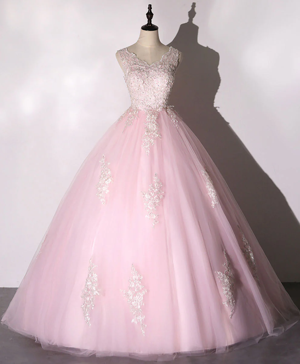 Pink V Neck Tulle Lace Long Prom Dress Pink Tulle Formal Sweet 16 Dress - Deanwangkt