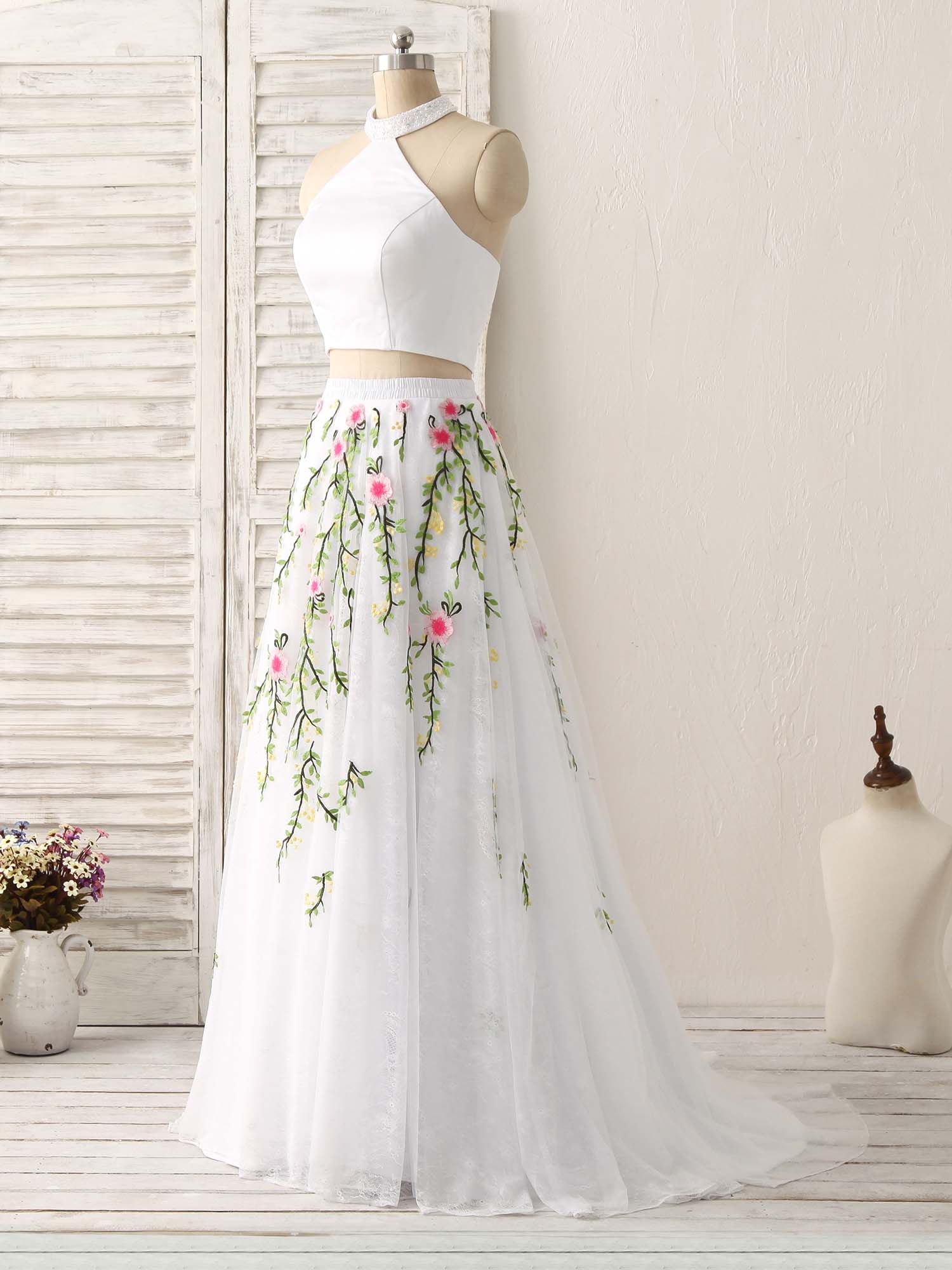 White Two Pieces Lace Applique Long Prom Dress, Evening Dress - Deanwangkt