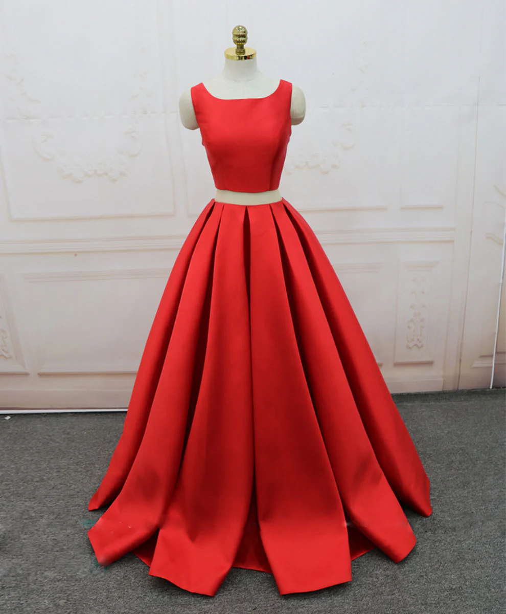 Red Satin Two Pieces Long Prom Dress Red Long Evening Dress - Deanwangkt