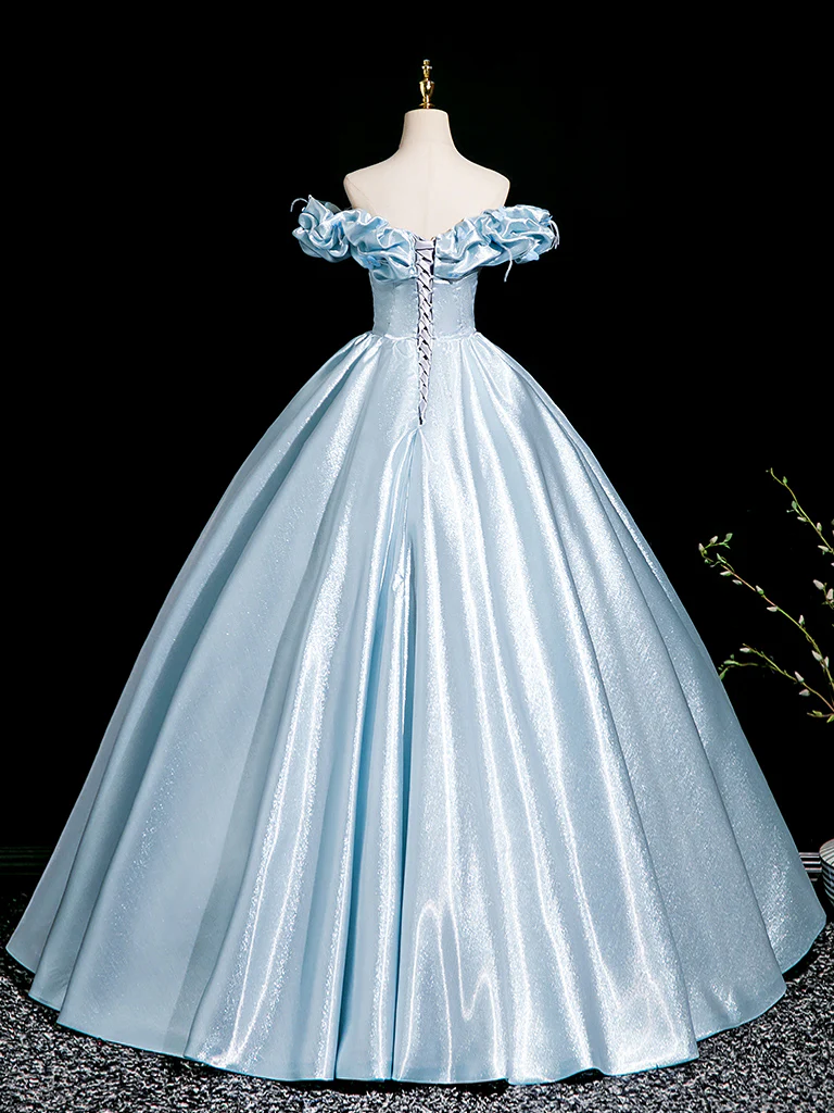 A-Line Off Shoulder Satin Blue Long Prom Dress, Blue Long Formal Dress - Deanwangkt