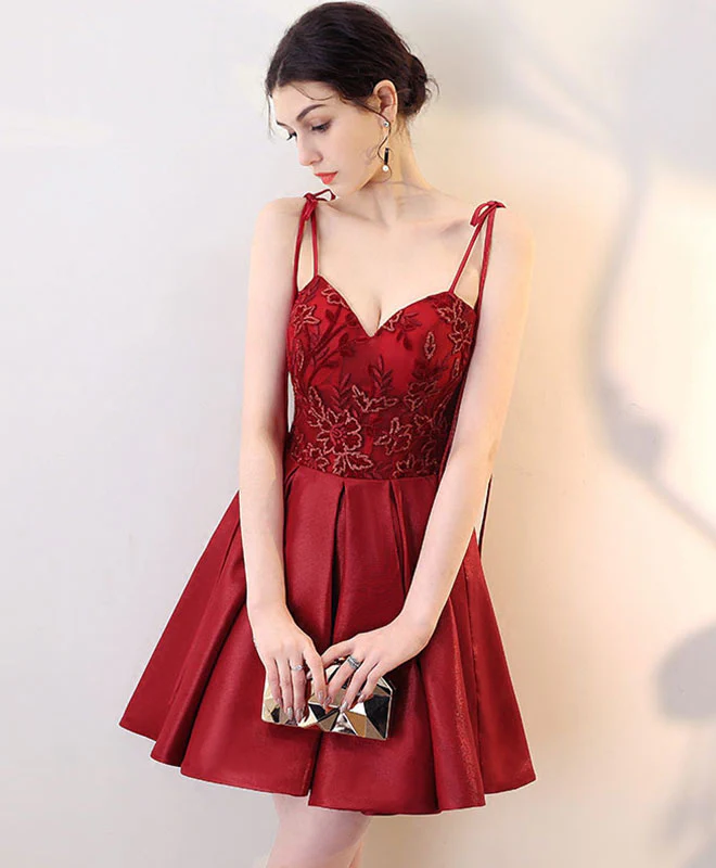 Burgundy V Neck Lace Short Prom Dress, Homecoming Dress - Deanwangkt