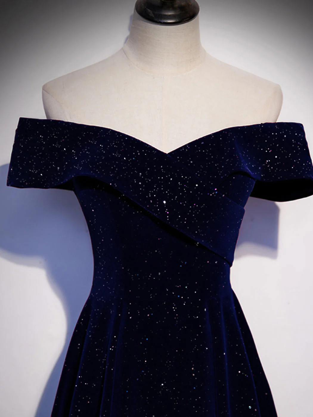 A-Line Off Shoulder Velvet Dark Blue Long Prom Dress, Dark Blue Long Formal Dress - Deanwangkt