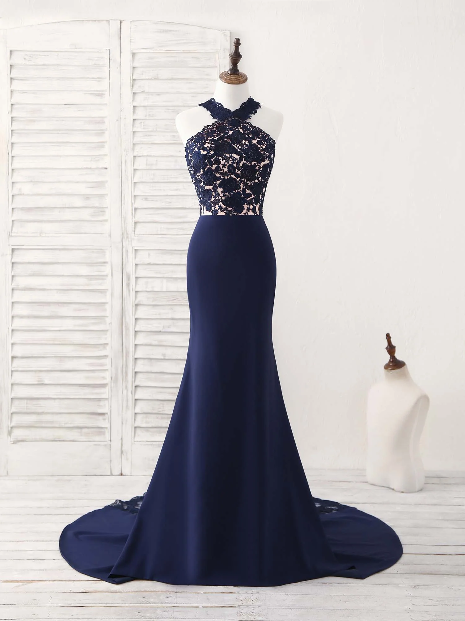 Dark Blue Lace Mermaid Long Prom Dress Mermaid Bridesmaid Dress - Deanwangkt