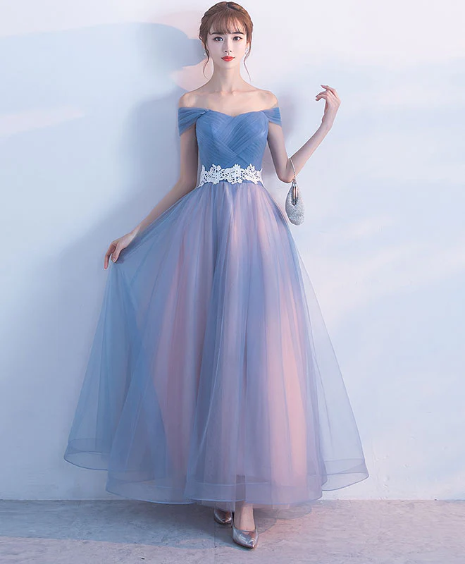 Gray Blue Tulle Long Prom Dress, Gray Blue Tulle Bridesmaid Dress - Deanwangkt