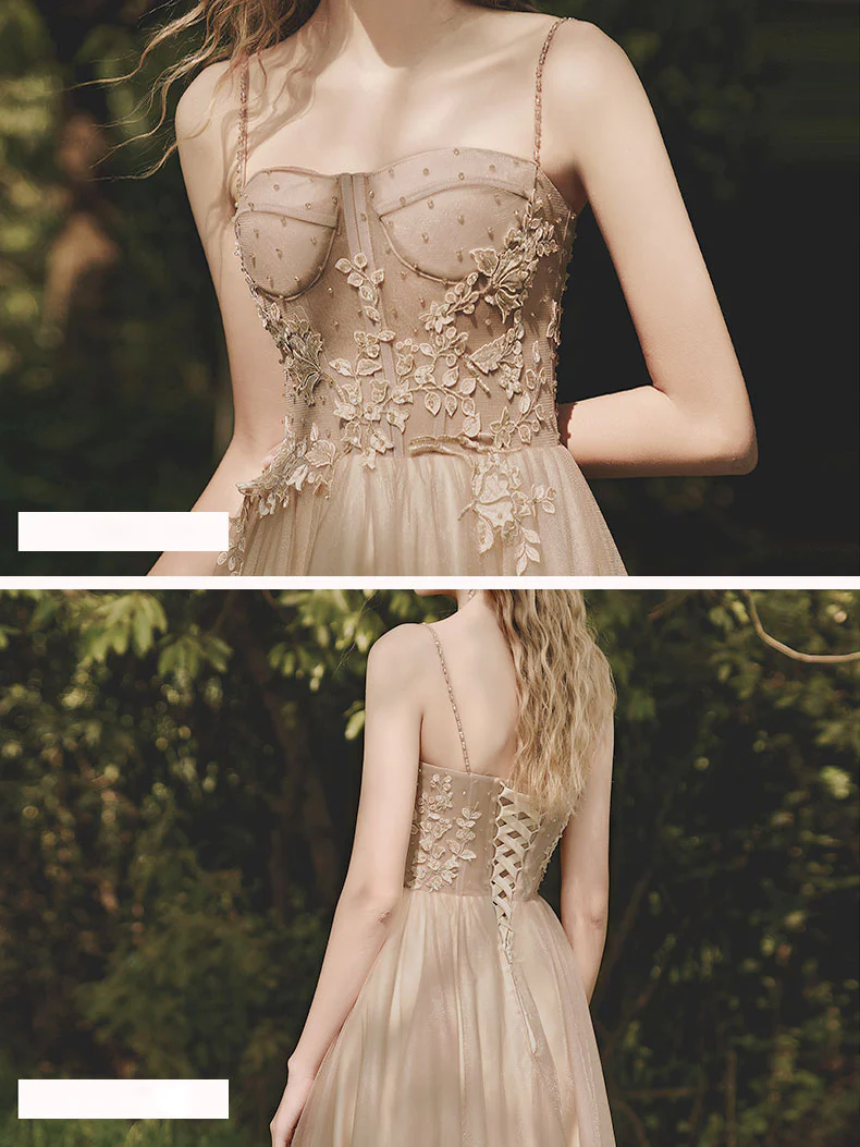 Champagne Tulle Lace Tea Length Prom Dress, Tulle Lace Evening Dress - Deanwangkt