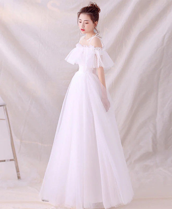 White Tulle Long Prom Dress, White Tulle Lace Evening Dress - Deanwangkt