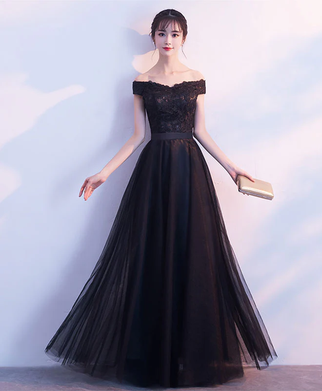 Black Lace Tulle Long Prom Dress, Lace Evening Dress - Deanwangkt