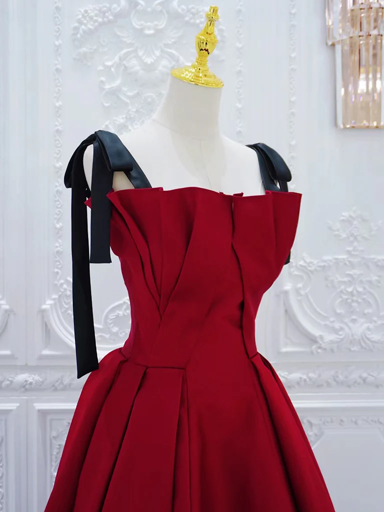 A-Line Burgundy Satin Long Prom Dress, Burgundy Long Formal Dress - Deanwangkt
