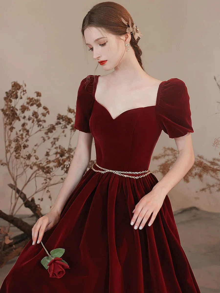 A-line Sweetheart Neck Velvet Burgundy Long Prom Dress, Burgundy Long Formal Dress - Deanwangkt