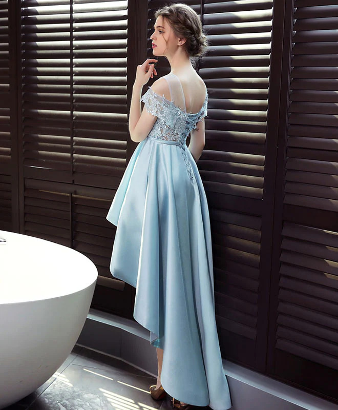 Light Blue Satin Lace Prom Dress, Blue Lace Evening Dress - Deanwangkt