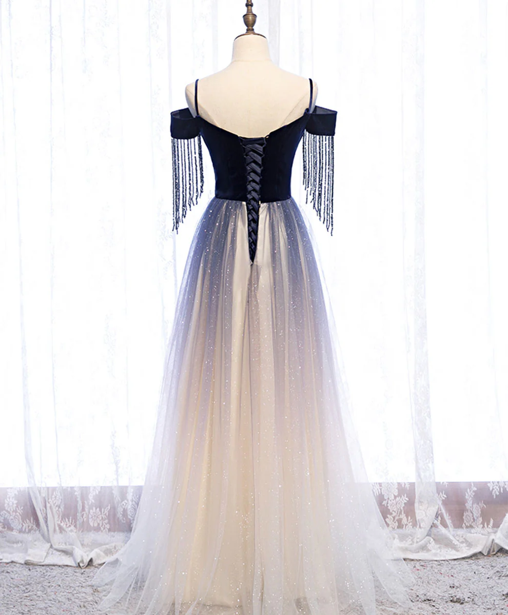 Blue Tulle Long Prom Dress Blue Tulle Formal Dress with Beading Velvet - Deanwangkt