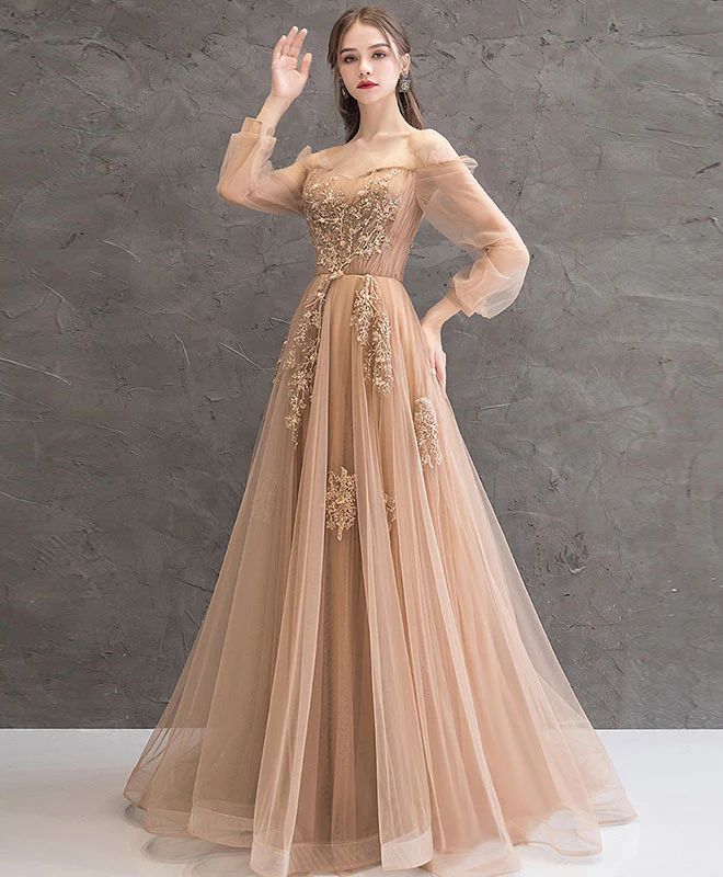 Champagne Tulle Lace Long Prom Dress Champagne Tulle Evening Dress - Deanwangkt